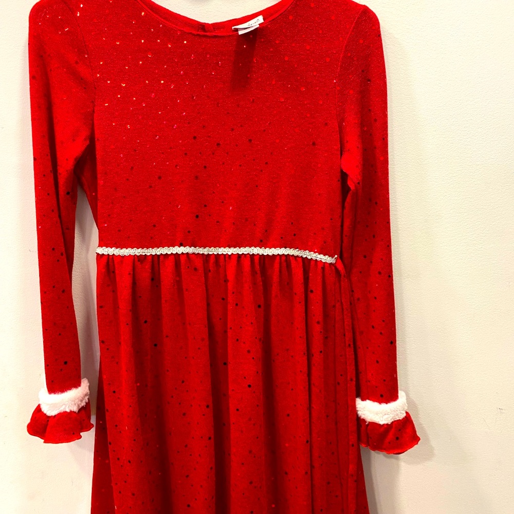 Girl’s 14 Christmas Santa’s fleece style red long sleeve dress w/ sequins